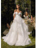 Off Shoulder Ivory Lace Tulle Ruffled Wedding Dress With Horsehair Trim